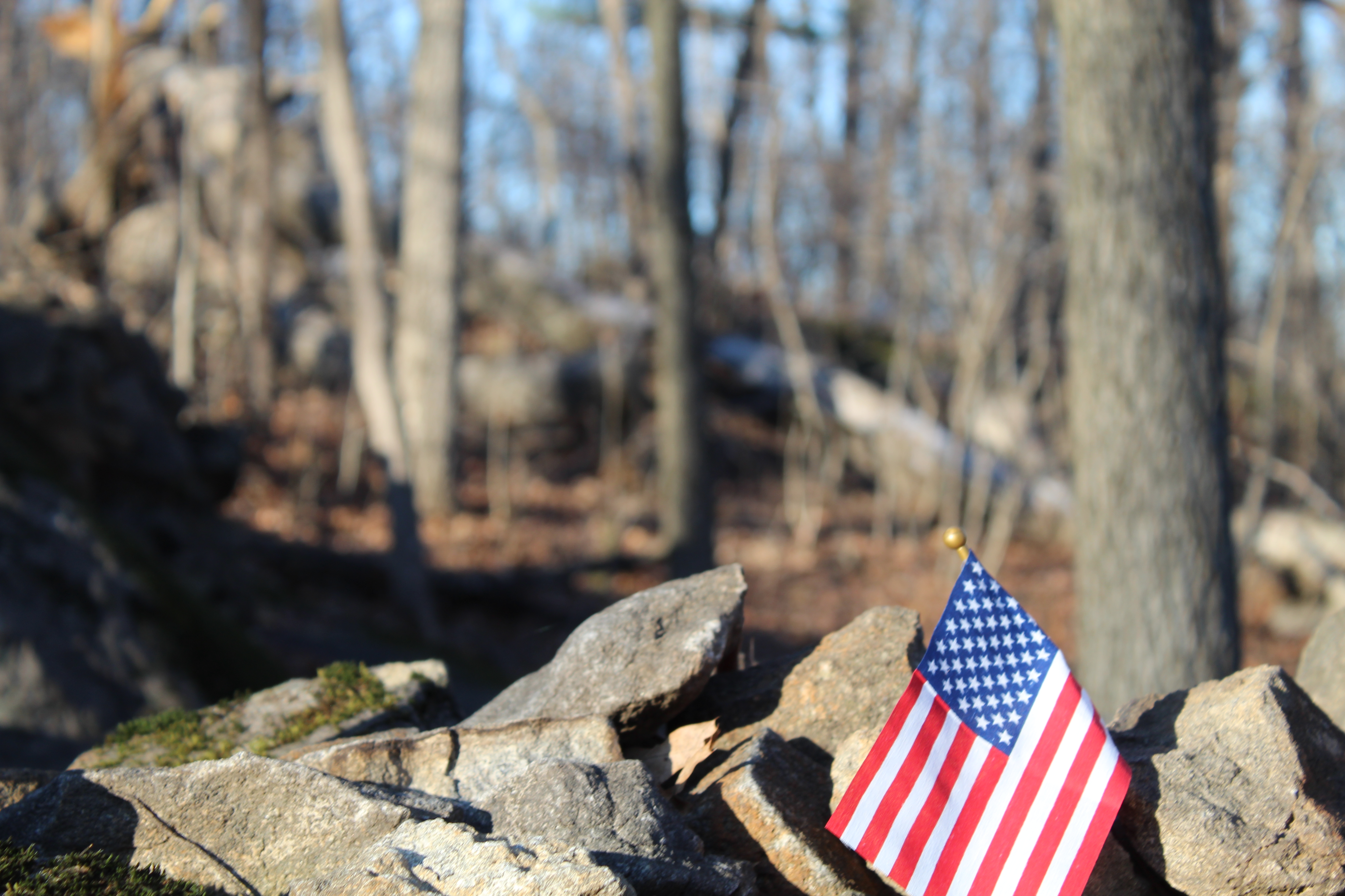 American flag placed among the stones of a battlefield wall